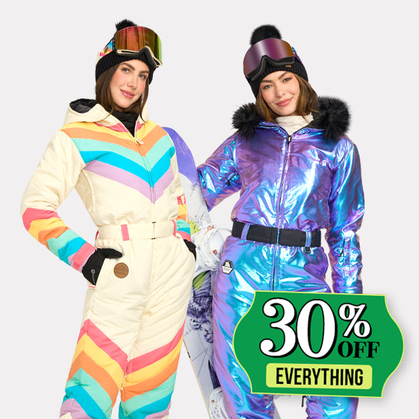 shop 30% off snow suits - image of models wearing women's iridescent Iris snow suit and women's retro rainbow snow suit