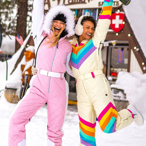 shop women's snow suits - women's powder pink snow suit and women's retro rainbow snow suit