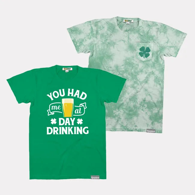 shop graphic tees - men's faded frolic and men's you had me at day drinking tees