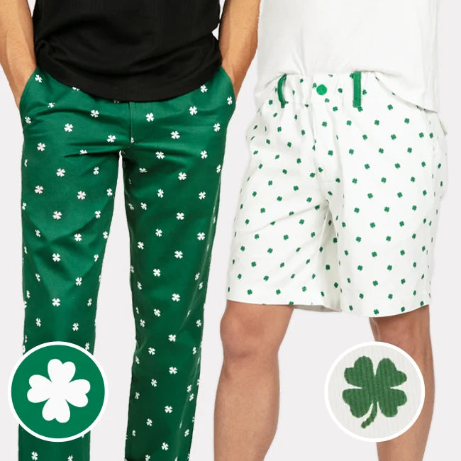 shop bottoms - men's paddy party pants and men's old mcsteazy shorts