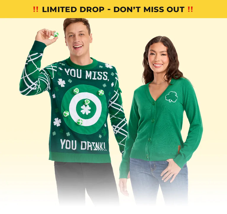 shop st. Patrick's day - men's st. paddy's drinking game sweater and women's clover cardigan sweater