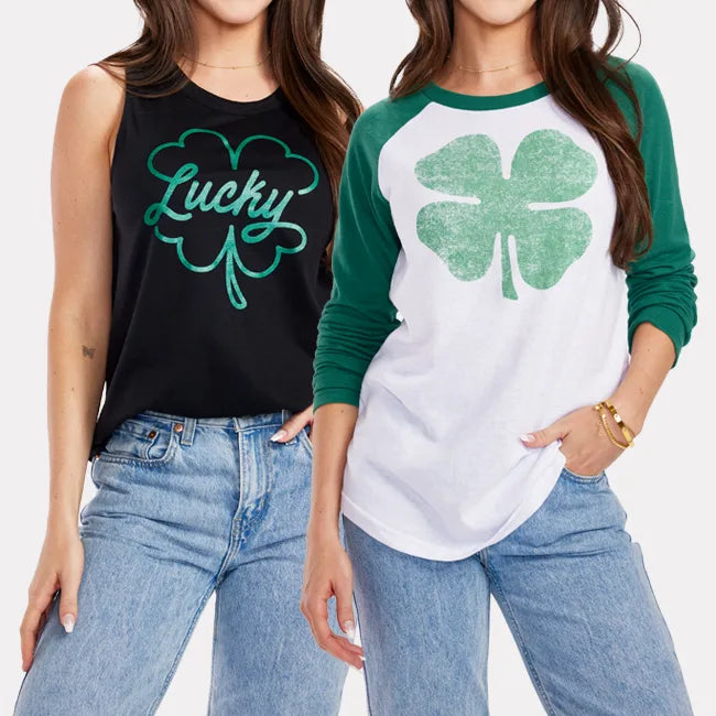 shop graphic tees - women's Lady Luck tank top and women's lucky clover long sleeve shirt