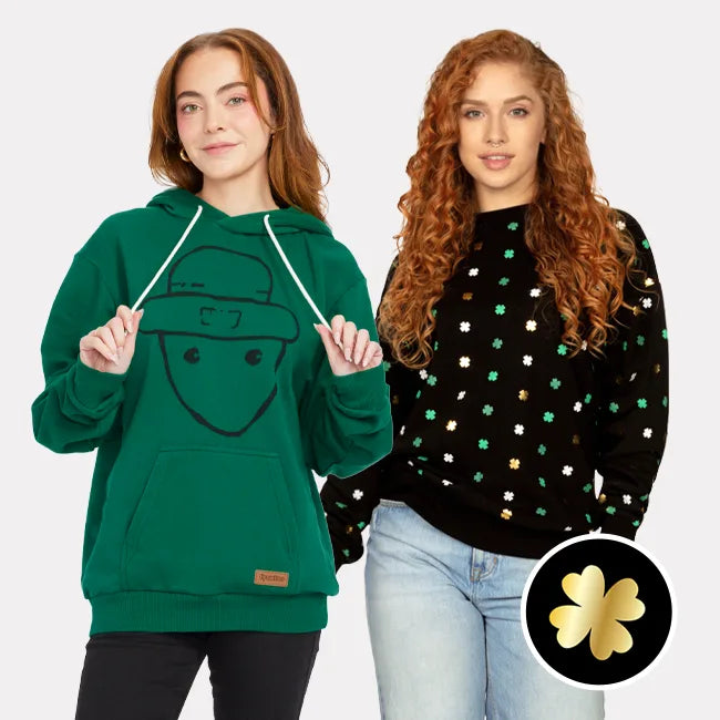 shop outerwear - women's metallic clover crewneck sweatshirt and women's leprechaun sketch sweatshirt hoodie