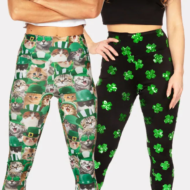 shop leggings - st. catrick's day and sequin clover high waisted leggings