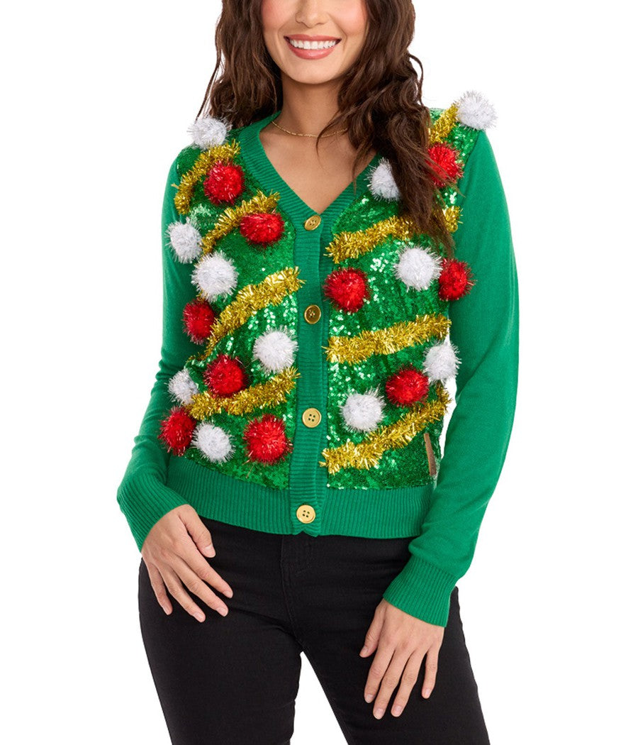 Women's Pom Party Ugly Christmas Cardigan Sweater