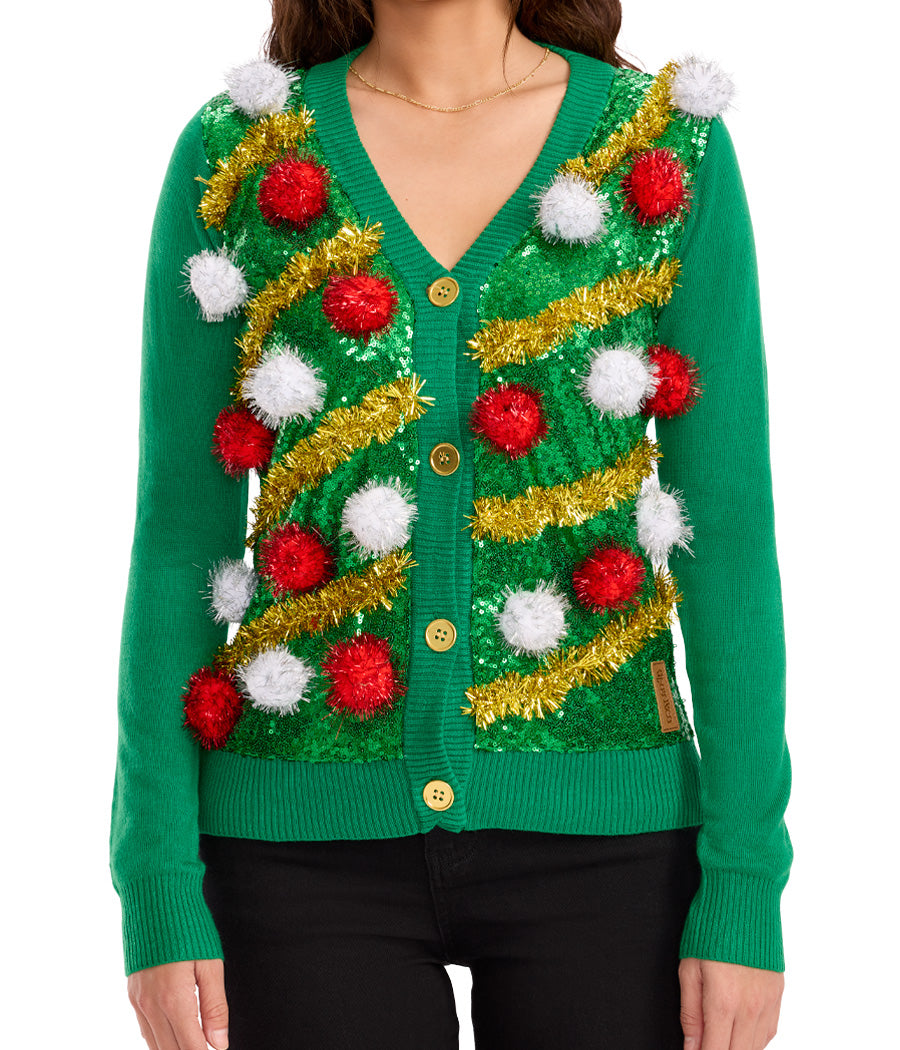 Women's Pom Party Ugly Christmas Cardigan Sweater