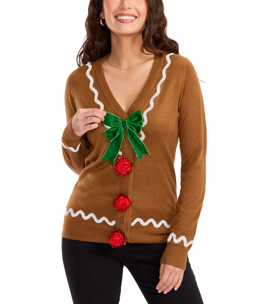 Women's Gingerbread Man Ugly Christmas Cardigan Sweater