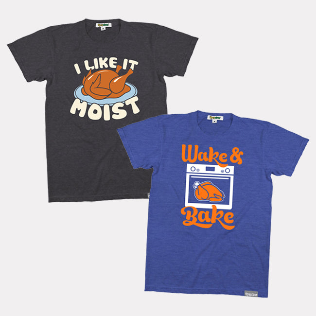 shop graphic tees - men's i like moist turkey tee and men's wake and bake tee