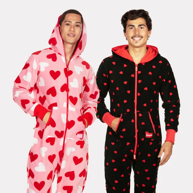 shop onesies - men's full hearts and men's hearts on fire jumpsuits