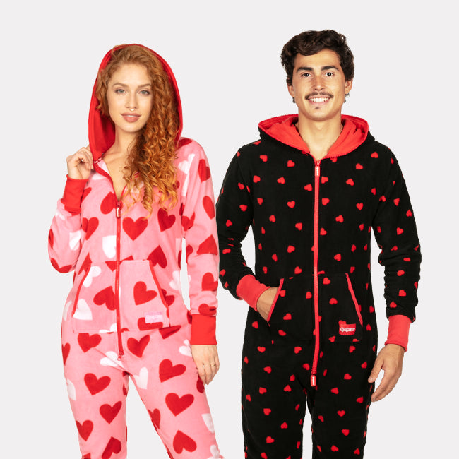 shop onesies - men's hearts on fire and women's full hearts jumpsuits