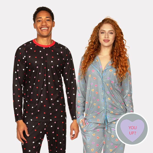 shop pajamas - men's crushing hard pajama set and women's candy hearts pajama set