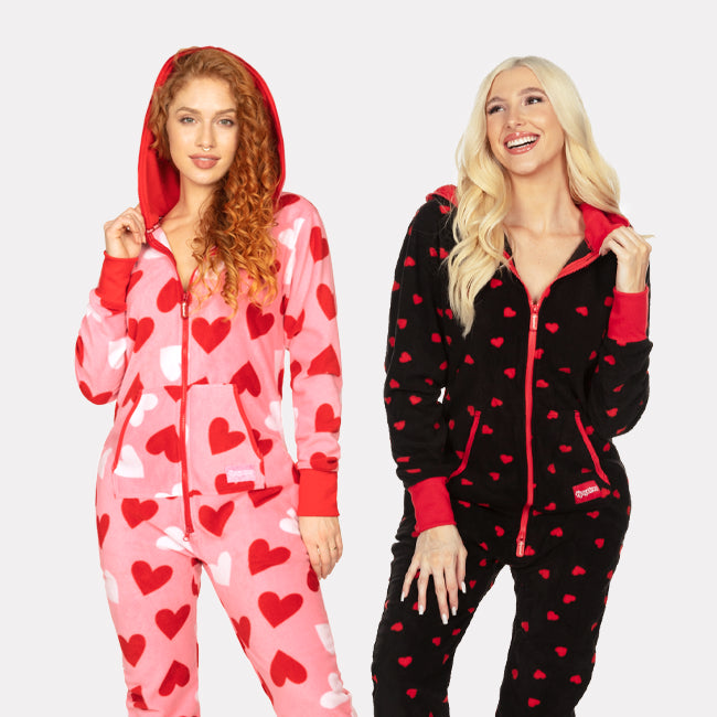 shop onesies - women's full hearts and women's hearts on fire jumpsuits