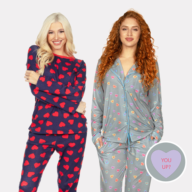 shop pajamas - women's hearts on fire pajama set and women's candy hearts pajama set