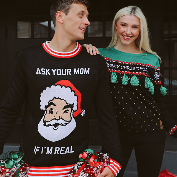 shop christmas - men's ask your mom ugly christmas sweater and women's christmas tree tassel ugly christmas sweater