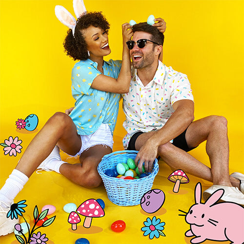 shop easter - image of man and woman wearing easter button down shirts