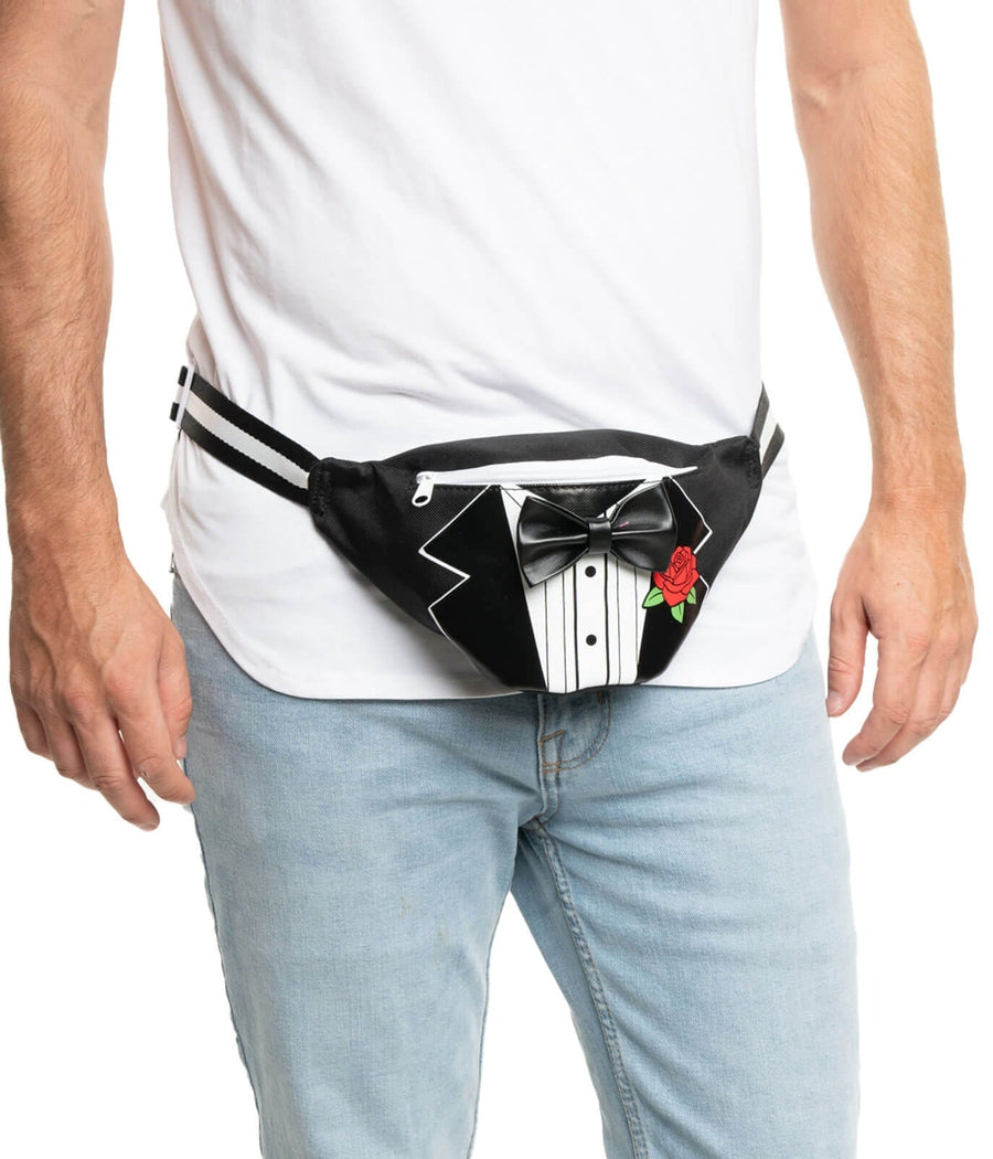 Tipsy Elves Bachelor Fanny Pack Black Tuxedo Crossbody Belt Bag with Secure Zipper Pockets and Adjustable Belt Strap Funny Adult Mens Waist Pack