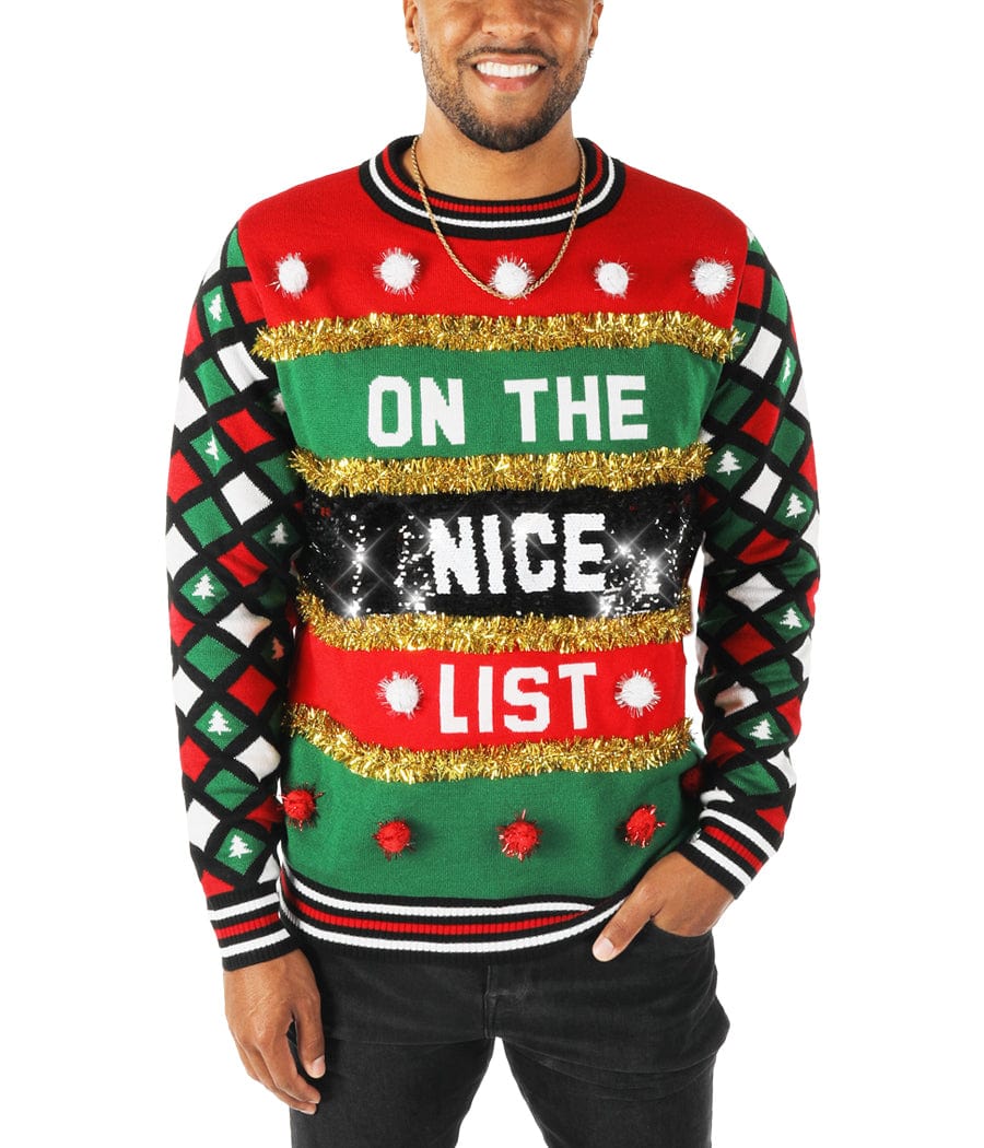 Naughty or Nice Reversible Sequin Ugly Christmas Sweater Men s Christmas Outfits Tipsy Elves