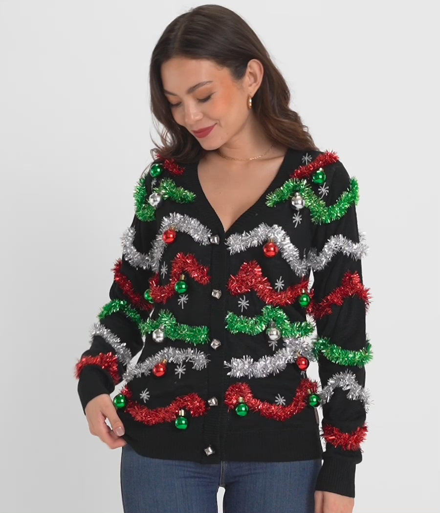 Women's Midnight Garland Light Up Christmas Cardigan Sweater Image 4