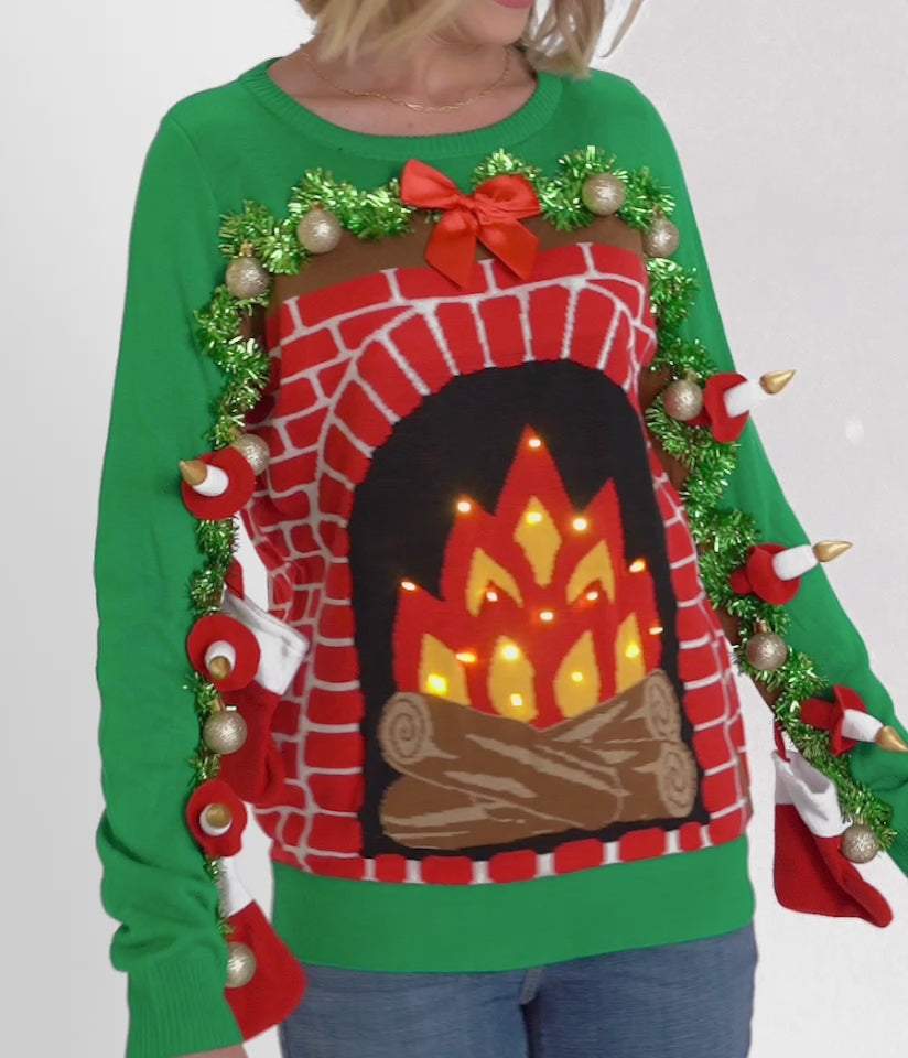 Women's Festive Fireplace Light Up Ugly Christmas Sweater Image 3