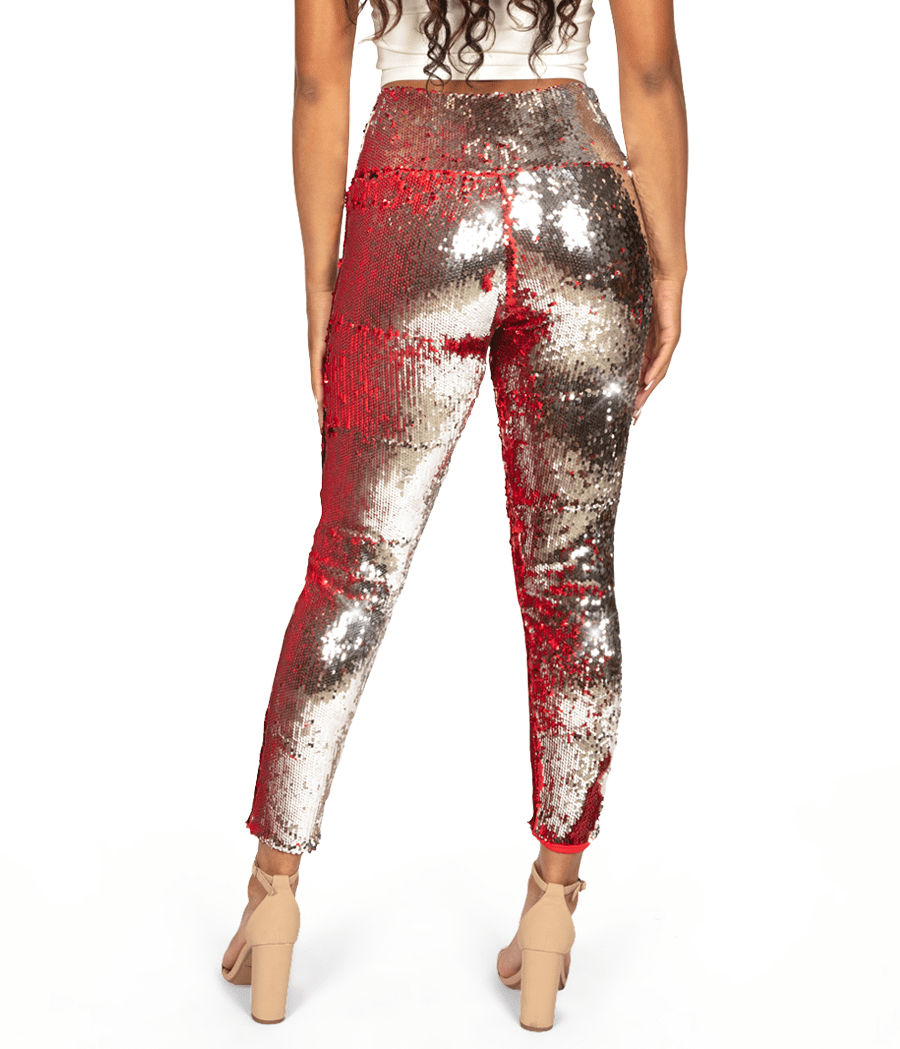 Red and Silver Reversible Sequin High Waisted Leggings: Women's