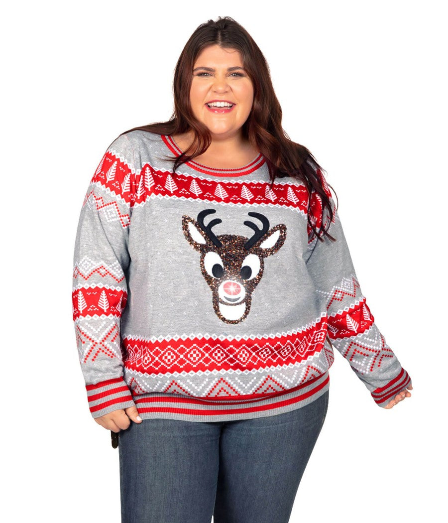 Women's Sequin Rudolph Light Up Plus Size Ugly Christmas Sweater