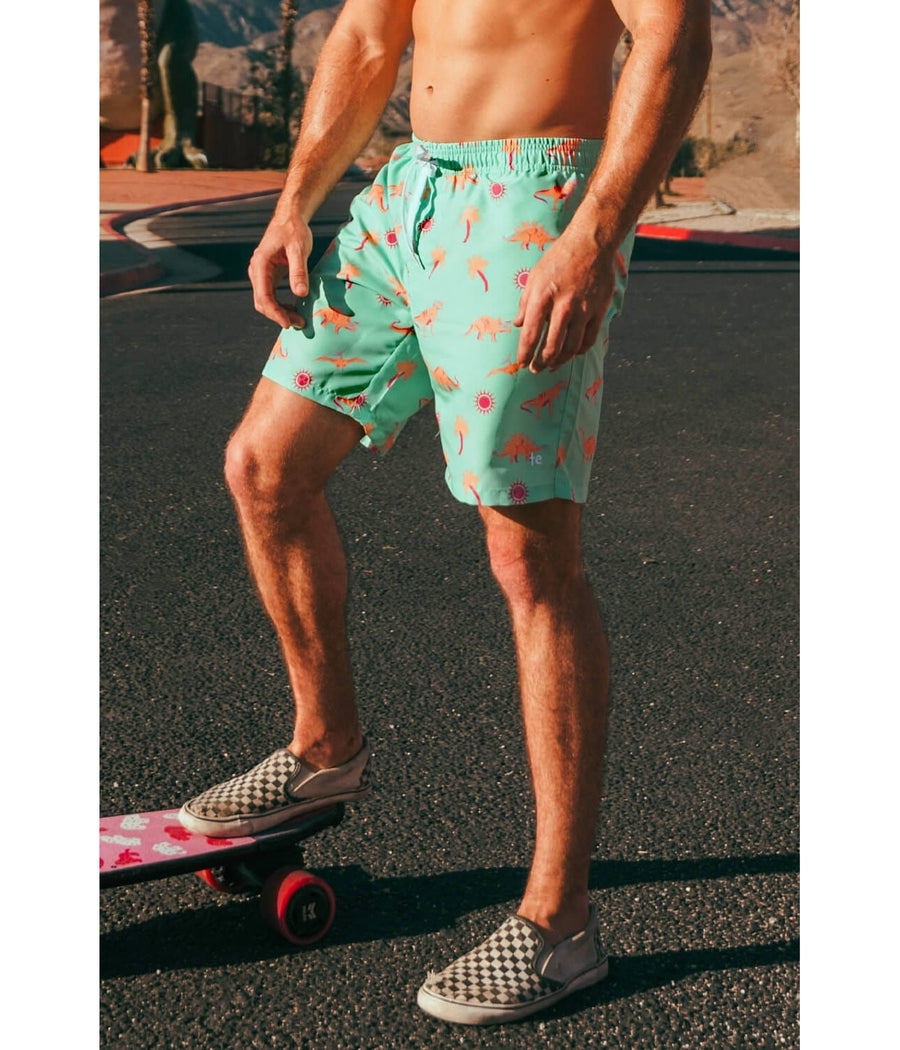Neon Dinosaur Stretch Swim Trunks: Men's Summer Outfits