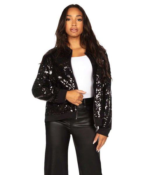 Black Sequin Disc Bomber Jacket Women s Christmas Outfits Tipsy Elves