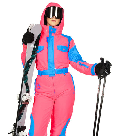 Colorblock Women's Ski Suit , Ski Fitted Belted Ski Suit with Fur Natural Hood, Winter Ski Suit with Hood, Zip Pockets Ski Suit with Mittens